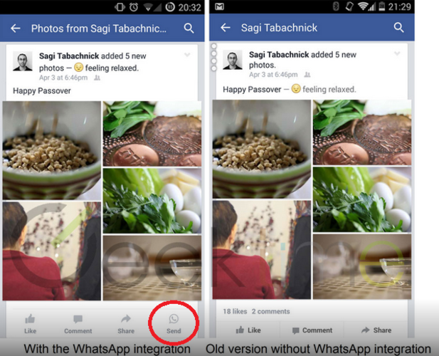 New button allows Facebook users to share news with WhatsApp subscribers